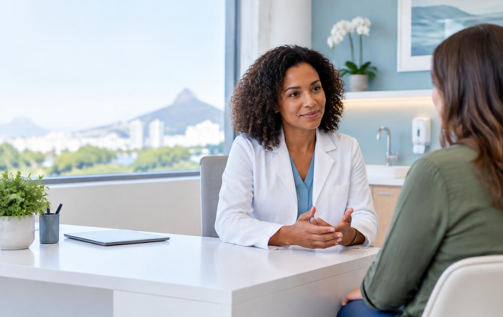 Médica conversando de forma acolhedora com paciente