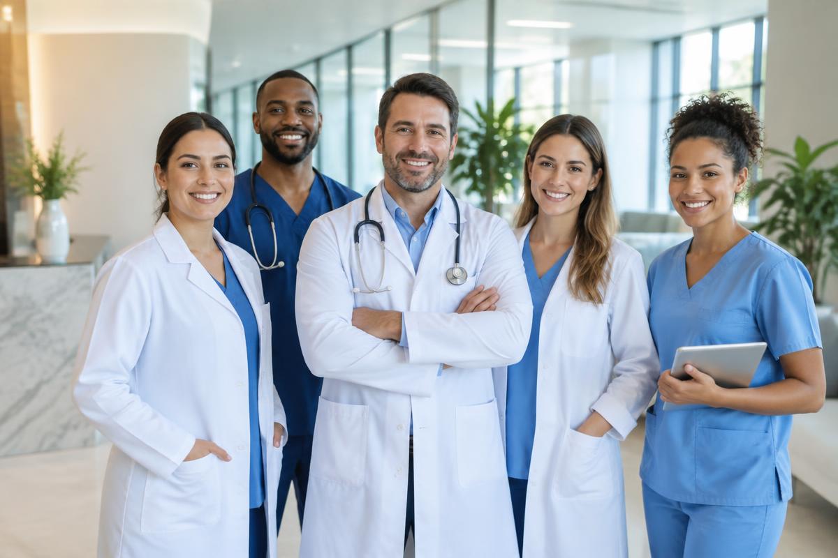 Equipe médica reunida em ambiente clínico ilustrativo